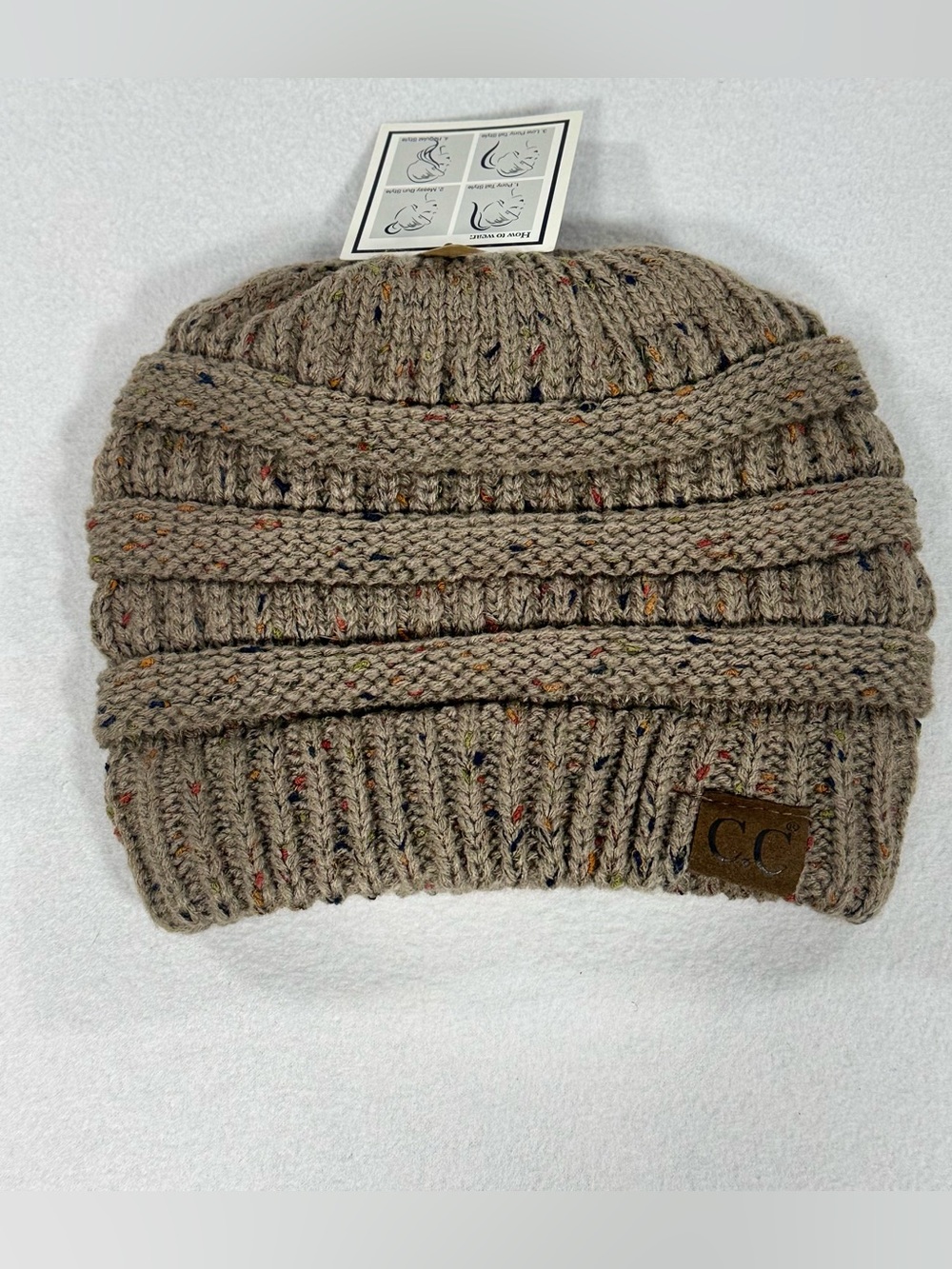 C.C Messy Bun BeanieTail Women's Brown Acrylic Knit Stretch Beanie Hat One Size